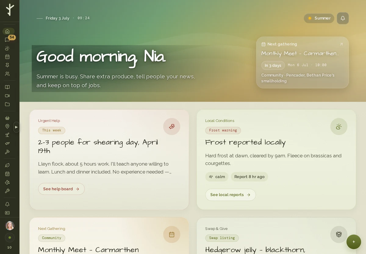 The Gwerin dashboard on a summer morning: a frost warning from local reports, a help request for shearing day, and the next community gathering